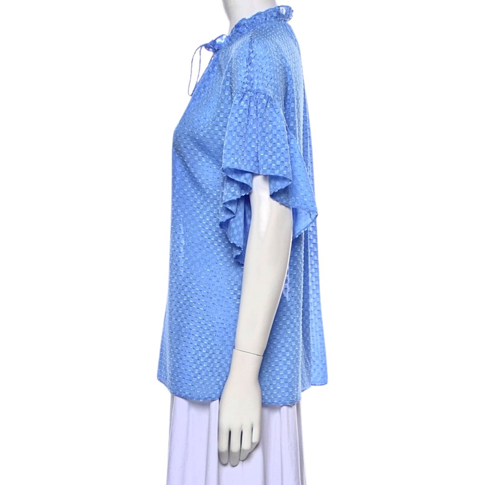 ALICE + OLIVIA Julius Ruffle Peasant Blouse Blue Top Solid Swiss
Dot‎ Ties - Picture 8 of 16